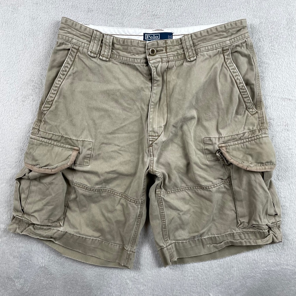 Vintage Polo Ralph Lauren Cargo Shorts Men 32 Beige Thick Cotton Flap Y2K 10"